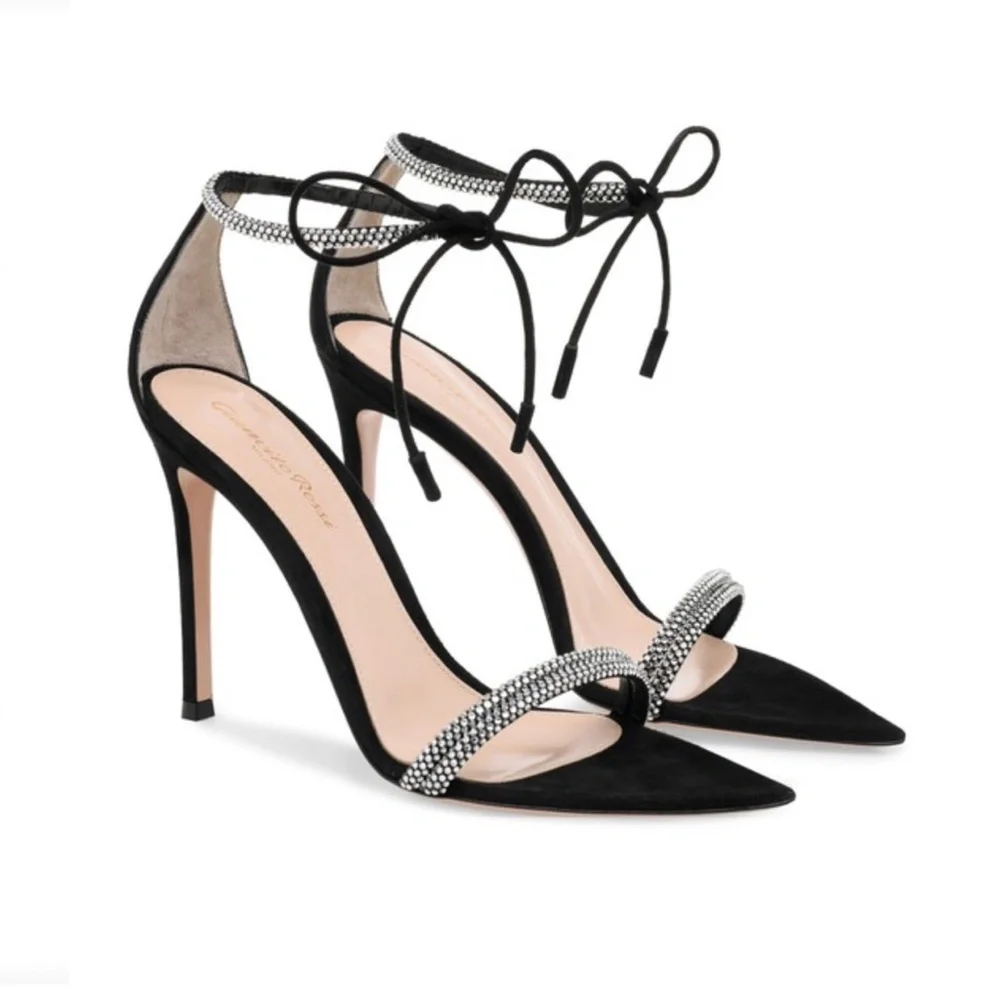 Gianvito Rossi Montecarlo Black Suede & Crystal Stiletto Heel Ankle-tie …